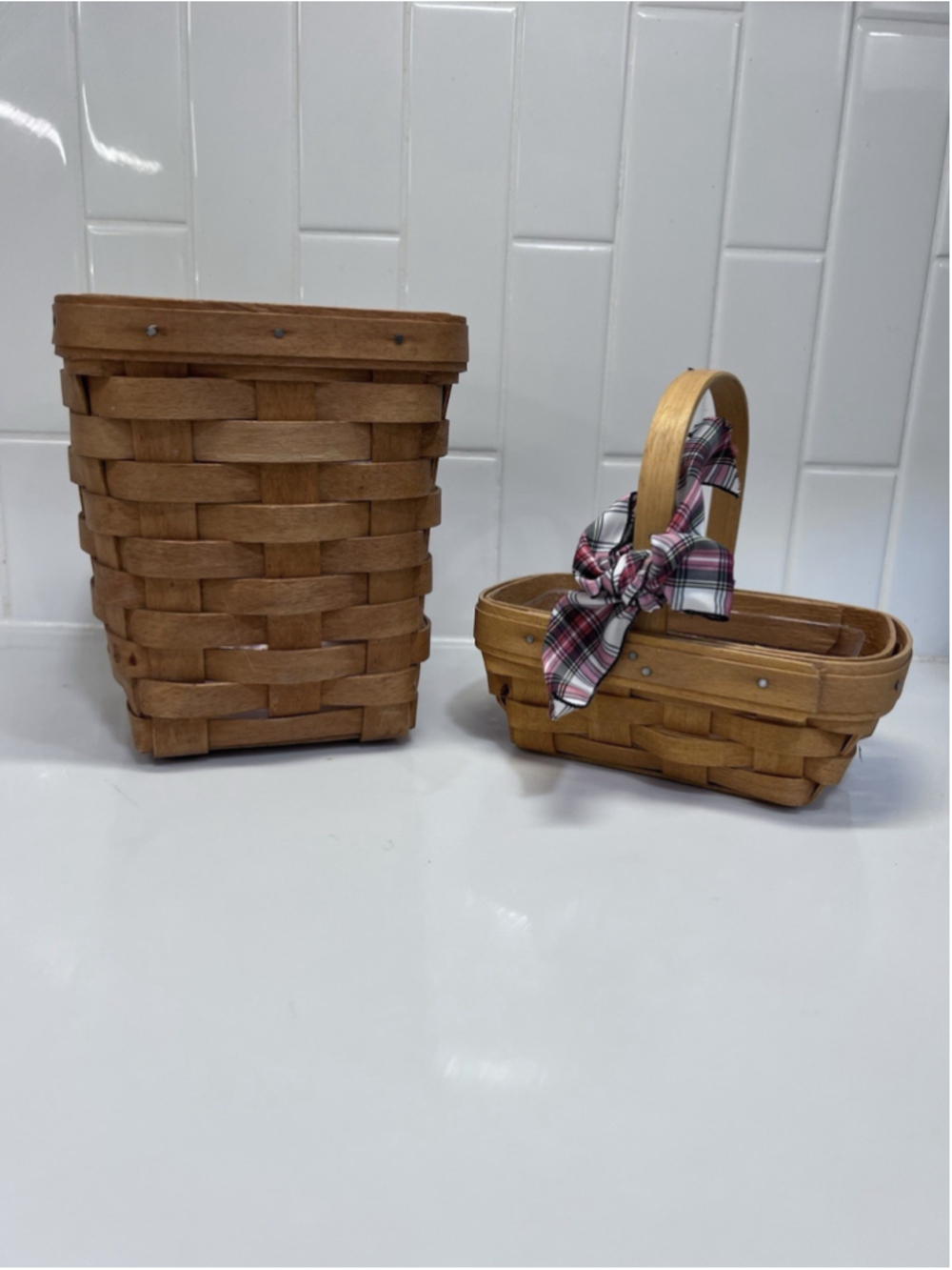 Longaberger Basket Lot Spoon Basket And 2000 Millennium Basket W Plastic Insert